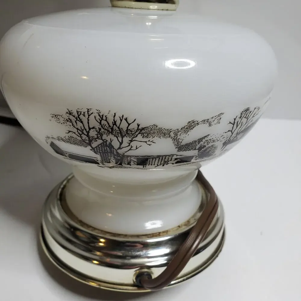 MILK GLASS LAMP by Currier and Ives, electrified and oil burning too, Farmhouse